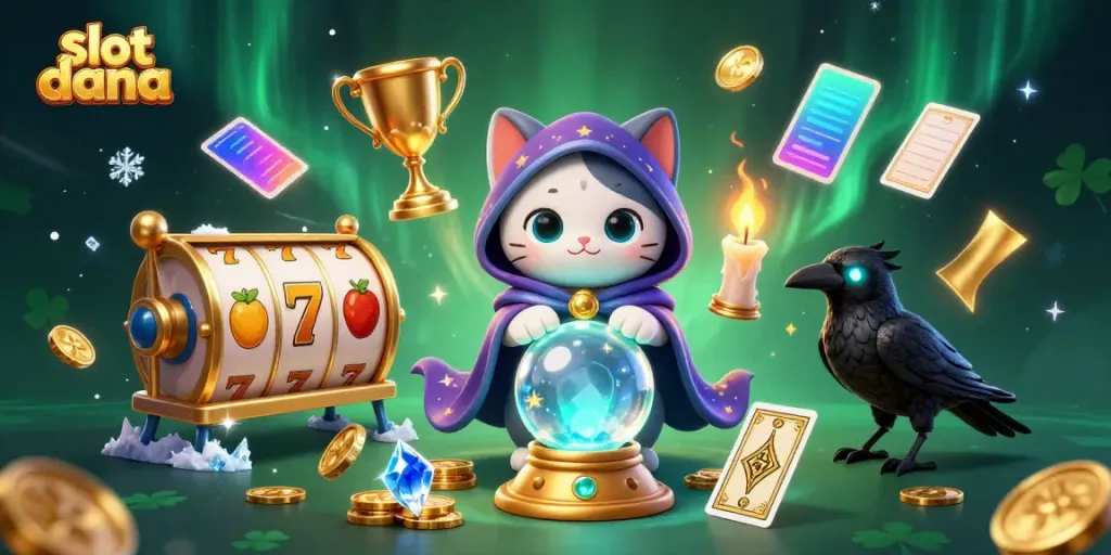 Slot dana menampilkan ilustrasi kasino dengan karakter kucing peramal dan elemen mesin slot.