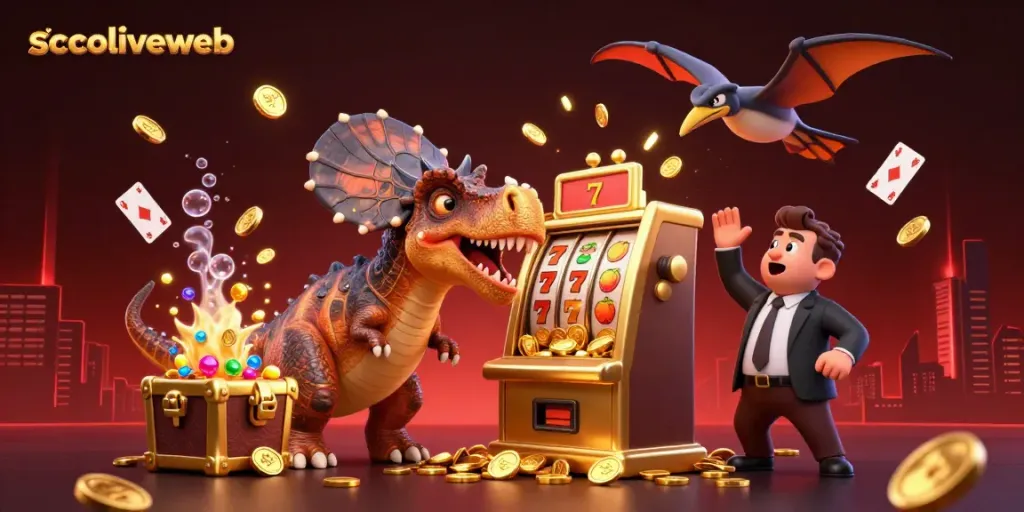 Socoliveweb brings excitement as a cartoon dinosaur wins coins from a golden slot machine in a vibrant casino scene.