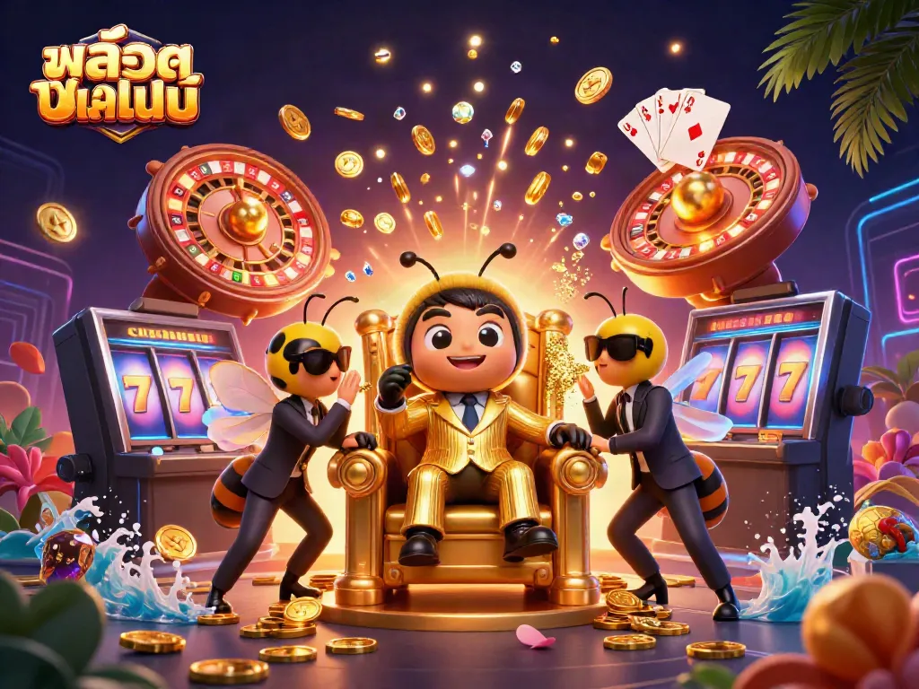 Engage in thrillingสล็อตออนไลน์ action with a vivid casino scene featuring animated characters, coins, and slot machines.