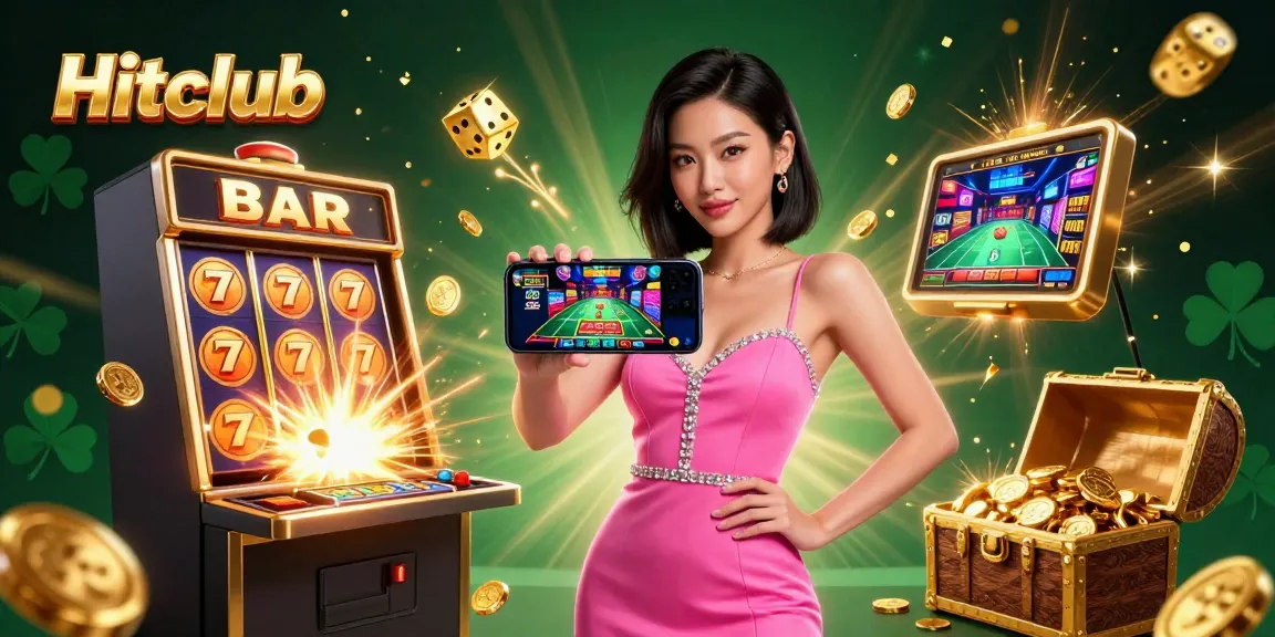 Experience Hitclub's thrilling live dealer casino with a smartphone surrounded by dynamic gaming elements.