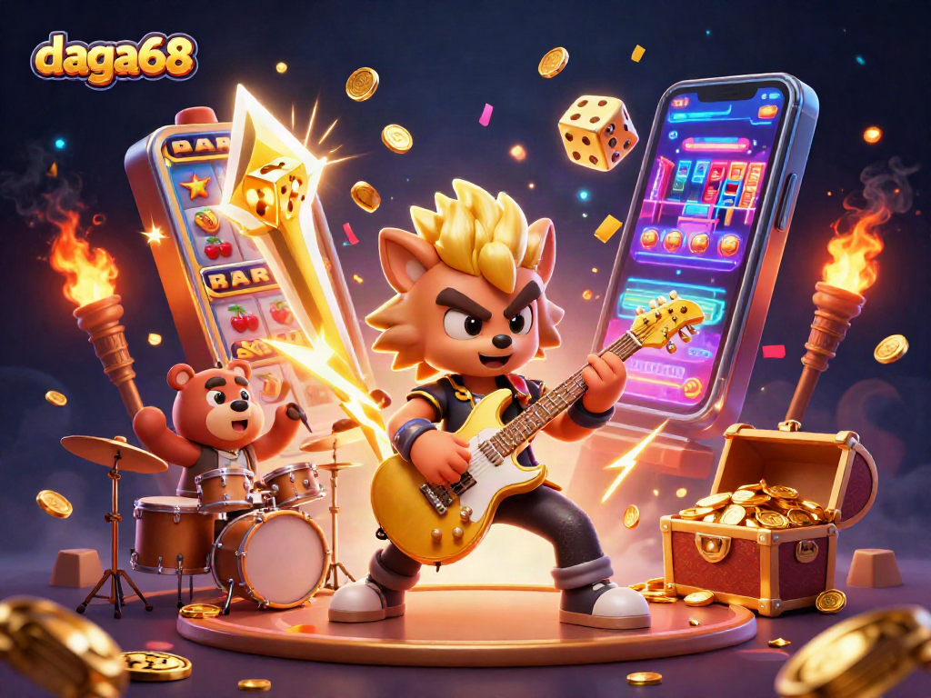 Daga68 casino illustration showcasing an electric guitar playing wolf, drummer bear, and slot machine with bursting coins