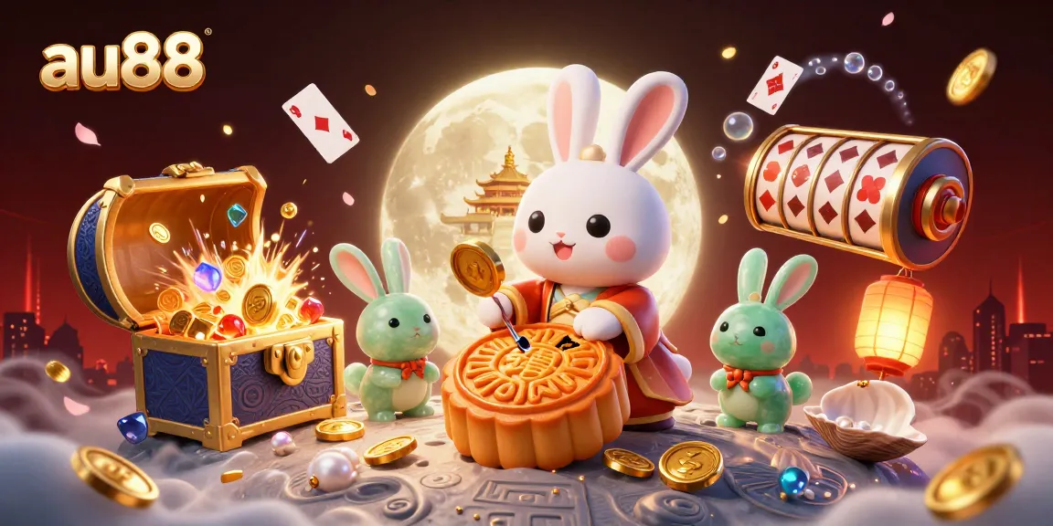 Experience the thrill of AU88 as a moon rabbit reveals poker chips, surrounded by vibrant gaming elements.