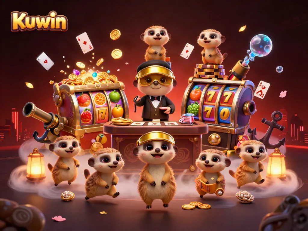 Kuwin meerkats orchestrating an exciting casino scene with jackpots and lively game elements.