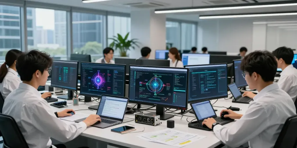 Team collaborating on enterprise AI models in a modern tech lab