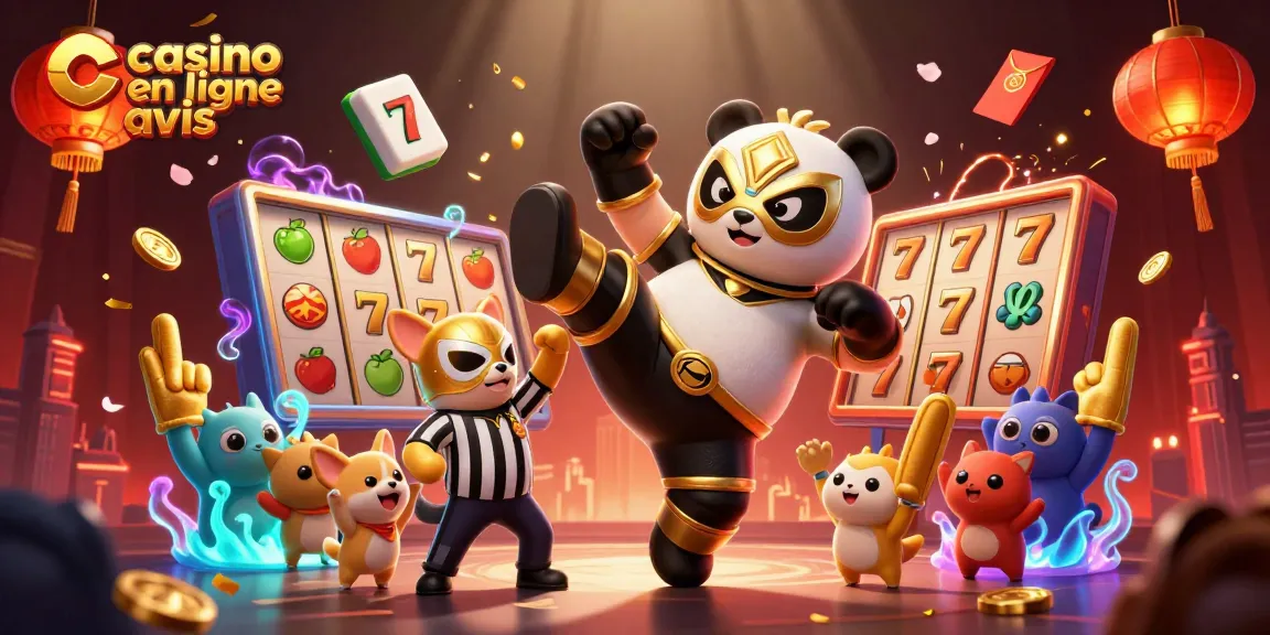 Des joueurs examinent un casino en ligne avis pendant qu'un panda athlétique effectue un coup de pied.