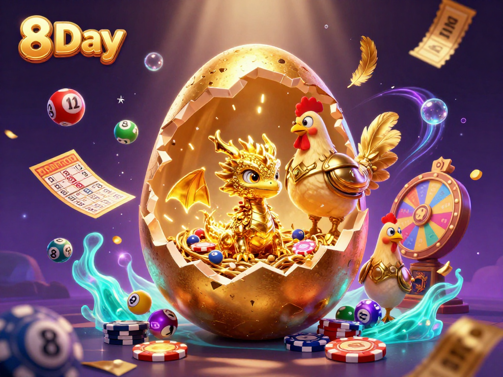 Win exciting prizes with the dynamic 8 Day lottery scene, featuring a golden baby dragon and poker chips.