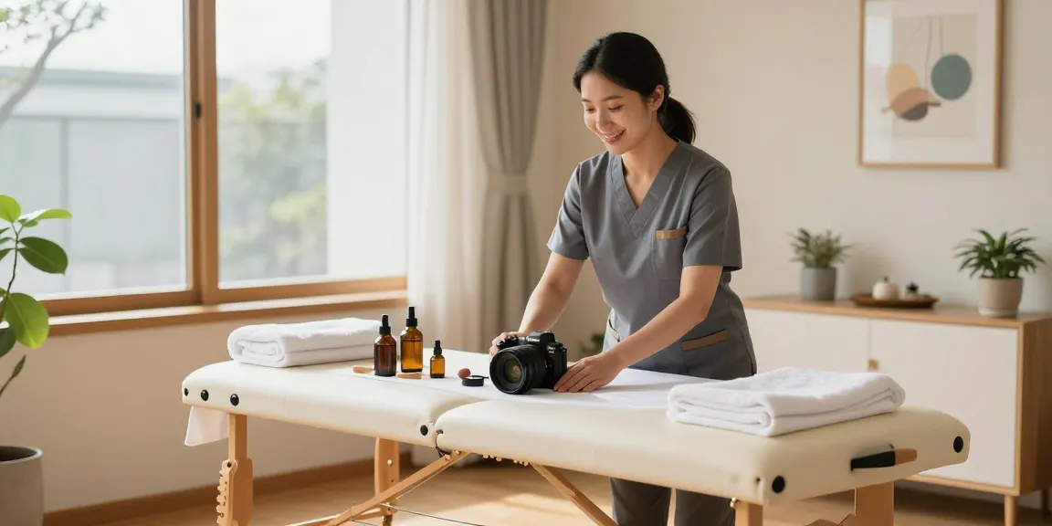 신림동출장마사지 - A professional therapist ready in a cozy home setting, reflecting a calm and inviting atmosphere.
