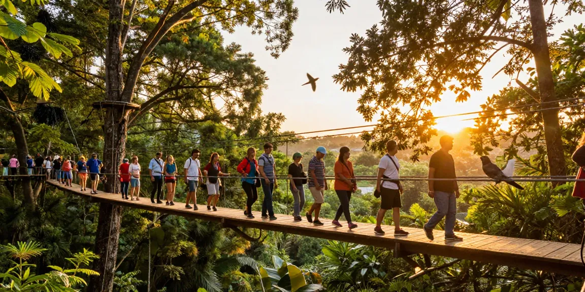 Treetop Walkway with visitors enjoying scenic views among lush forest surroundings