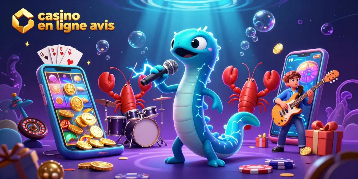 Illustration vibrante "avis de casino en ligne" avec une anguille DJ et ses musiciens sur scène de casino sous-marin.