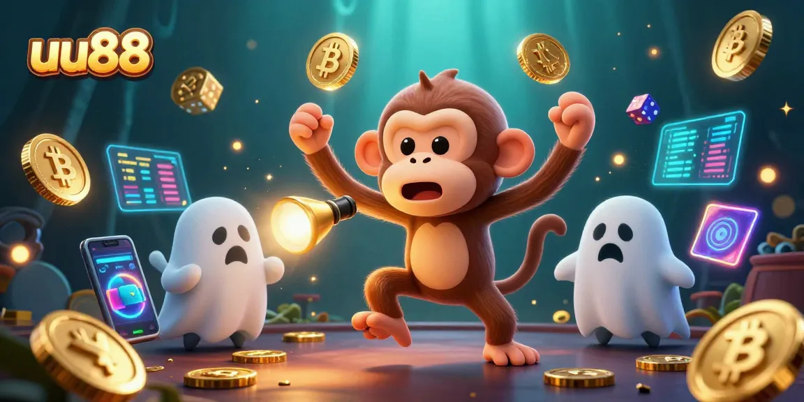 Experience the excitement of uu88 casino with the playful ghost-juggling monkey amidst glowing crypto elements.