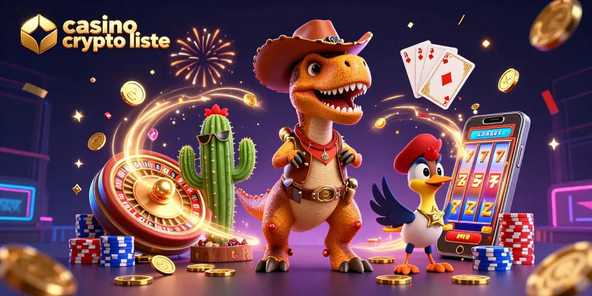 Illustration dynamique avec un dinosaure T-Rex cowboy et des éléments de casino pour casino crypto liste