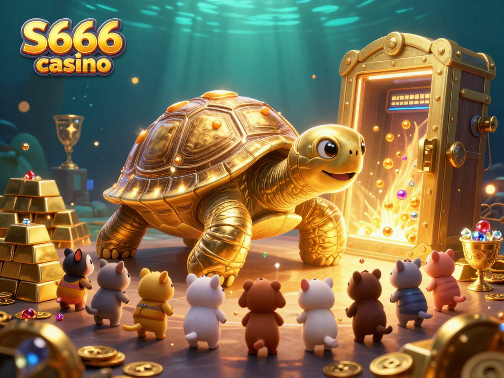 Play exciting games at S666 casino with a golden tortoise and vibrant treasure elements!