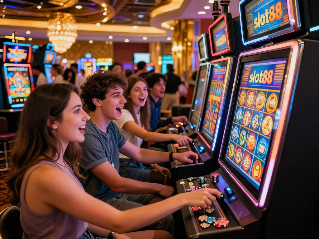 Excited friends playing slot88 in a vibrant casino setting with colorful lights.