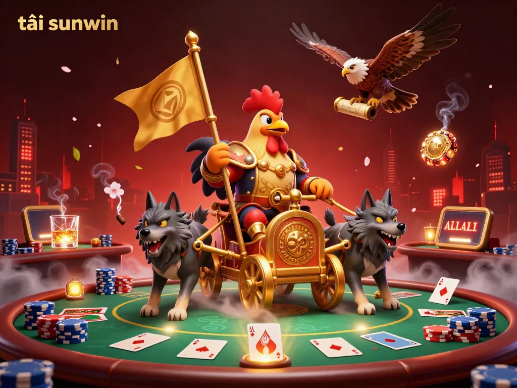 Enhance gameplay and excitement by tải sunwin, featuring a rooster warlord with poker elements in a vibrant casino.