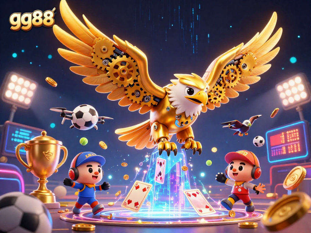Watch thrilling action at gg88 with cybernetic eagle soaring over sports elements and holographic cards.