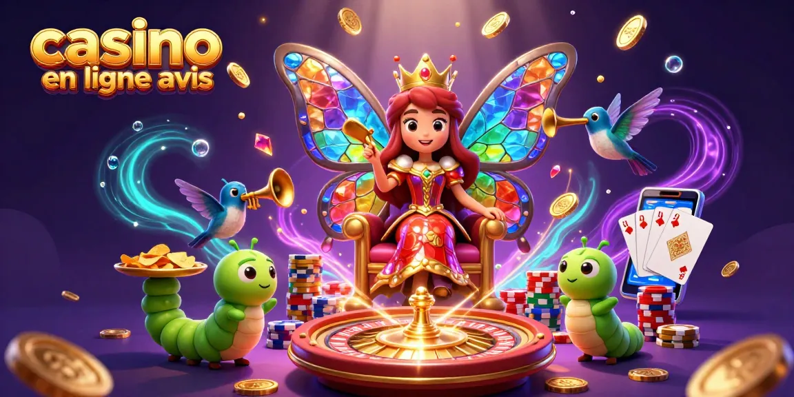 Avis de casino en ligne : illustration d'une reine papillon avec des éléments de jeu de casino, pièces dorées et cartes.