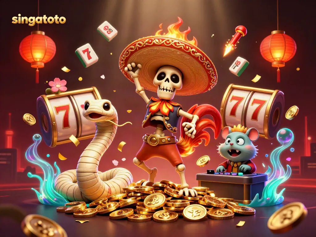 Engage with singatoto's vibrant lottery and slots scene featuring lively characters in a casino full of excitement.