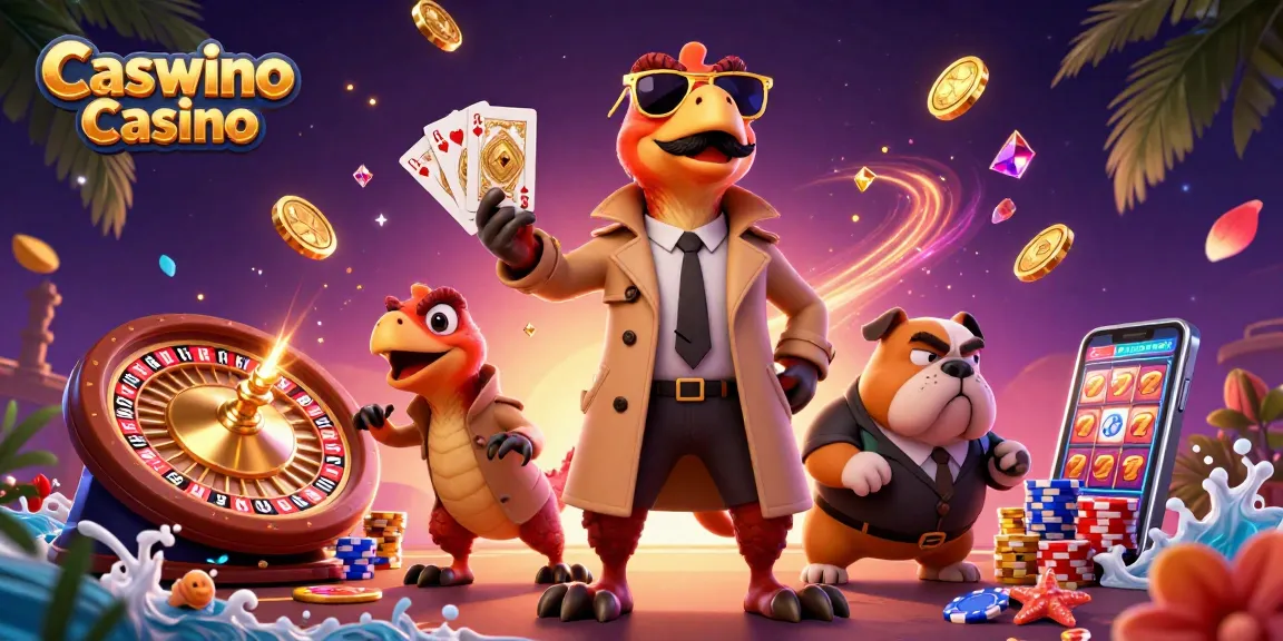 Experience the excitement at Caswino Casino with raptors in disguise, coins flying, and vibrant gaming elements.