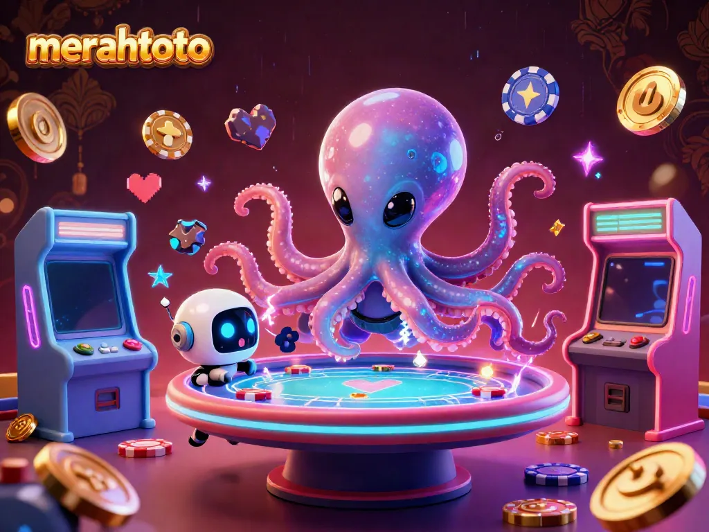 Ilustrasi 3D meriah dari merahtoto dengan karakter alien dan robot dalam permainan poker futuristik.