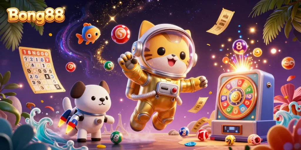 Engage with Bong88's vibrant online casino world featuring lottery elements in a captivating cosmic scene.