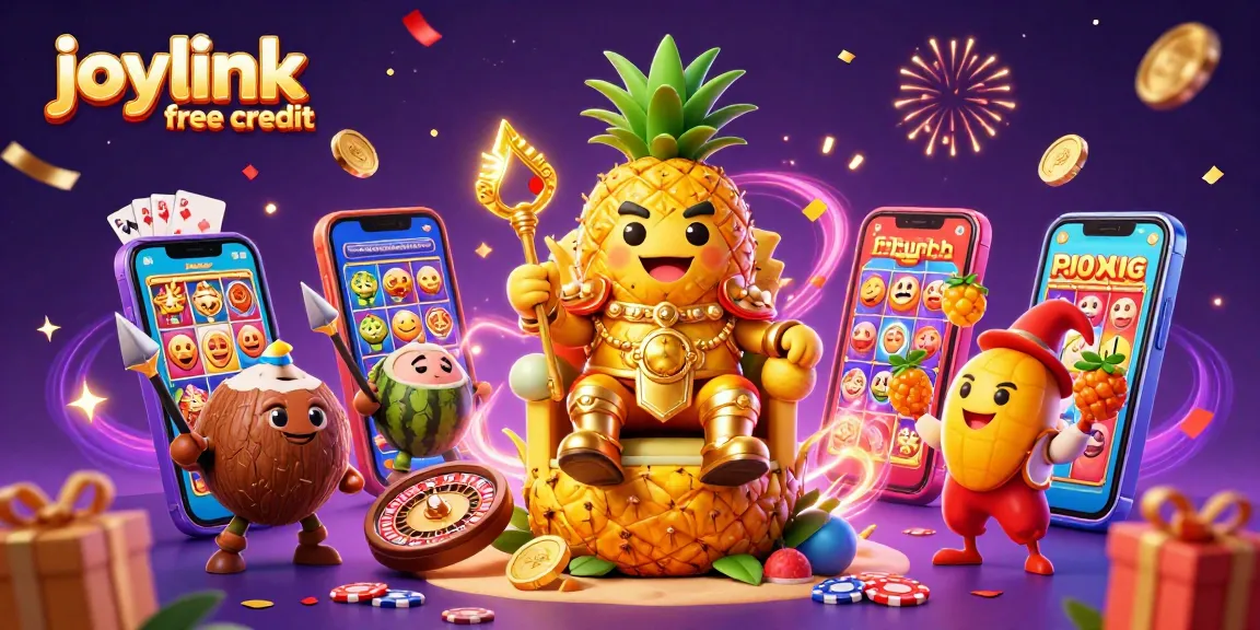 Experience joylink free credit at a vibrant beach casino with a golden pineapple king and his jester juggling!