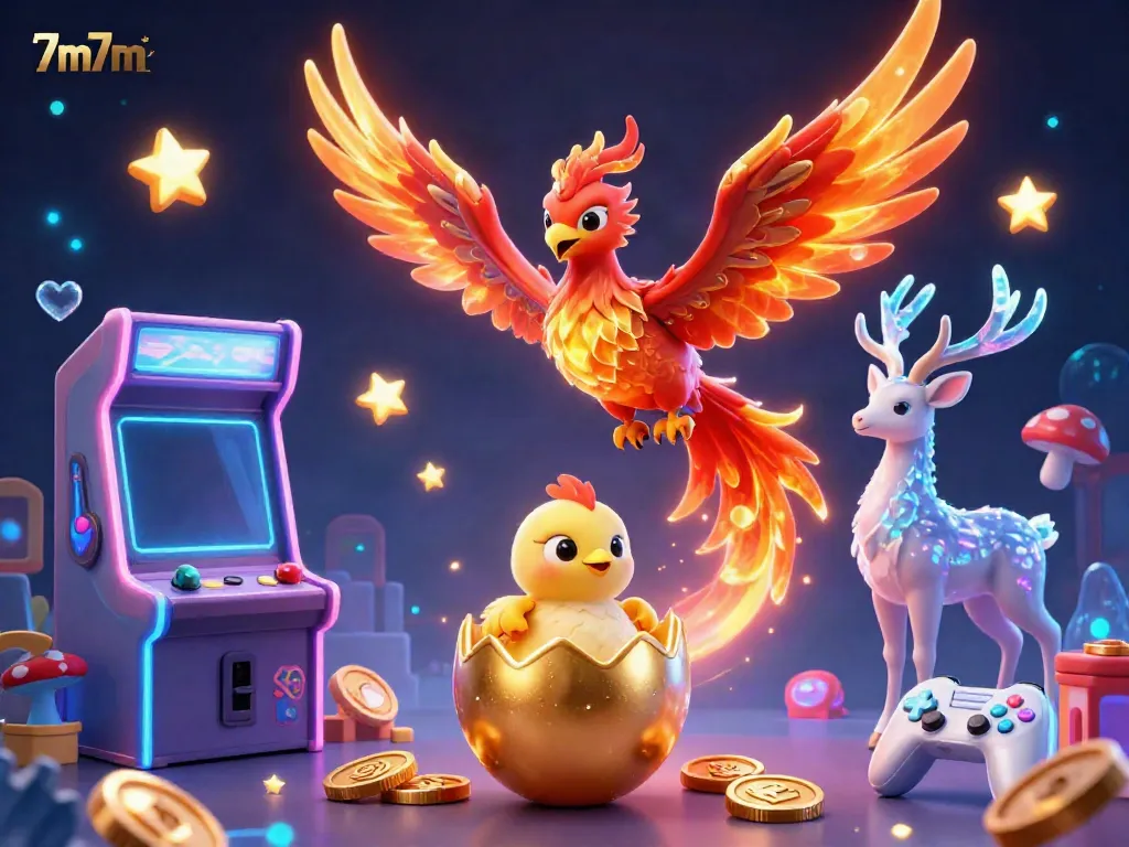 Engage with thrilling 7m7m gaming visuals featuring a fire phoenix, gaming elements, and a mystical stag.