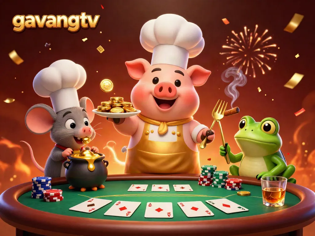 Chef pig serves gold coins while sous-chef mouse and critic frog enjoy a gambling atmosphere at gavangtv.