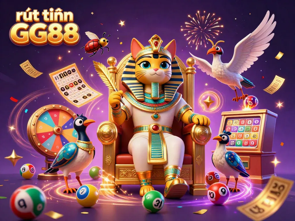 Experience exciting rút tiền GG88 success with the pharaoh cat and vibrant gambling elements in a grand scene.