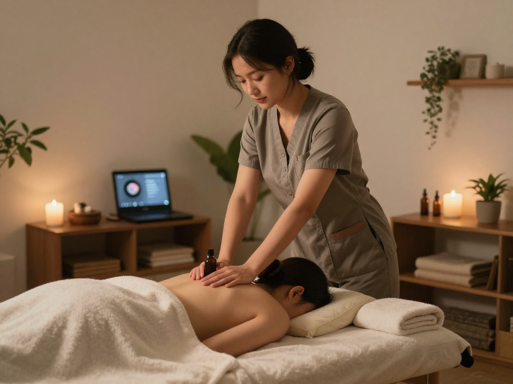 A soothing 화성출장마사지 in a serene home setting with a professional therapist.