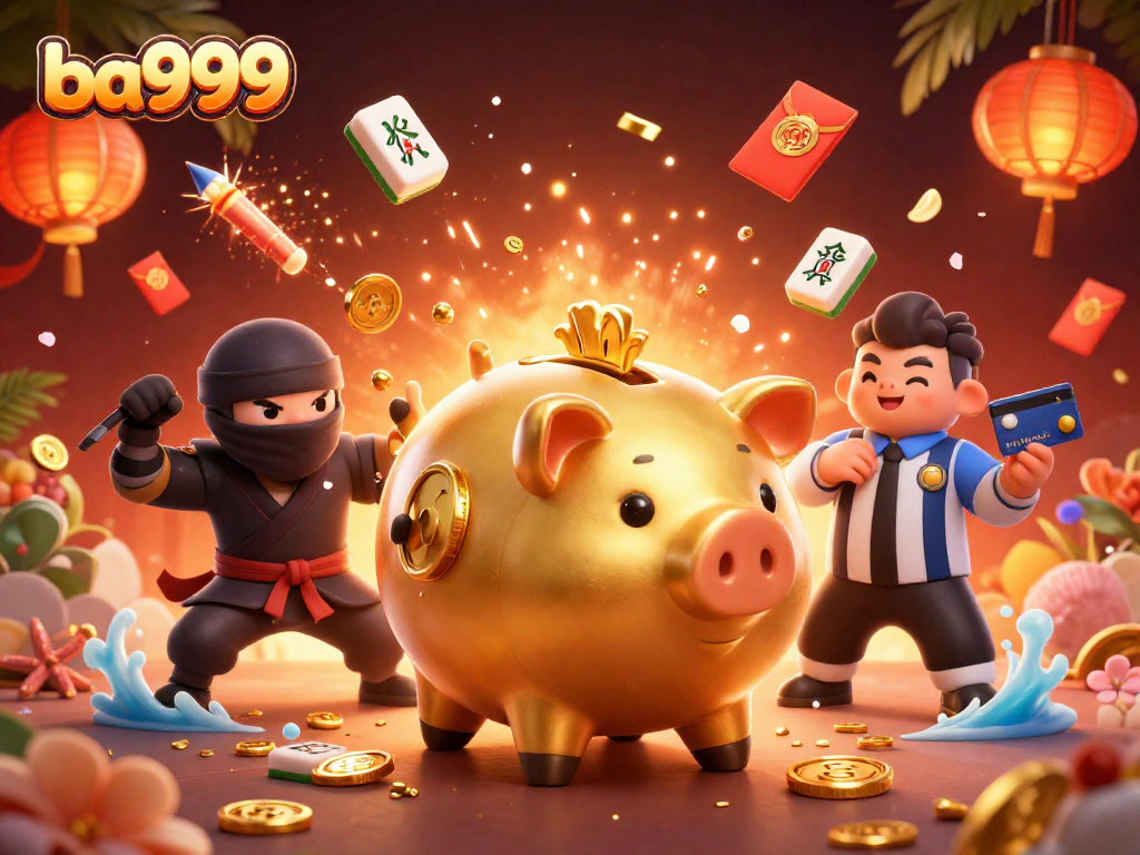 Experience the thrill of ba999 with an epic golden piggy bank sumo wrestler and exciting casino elements!