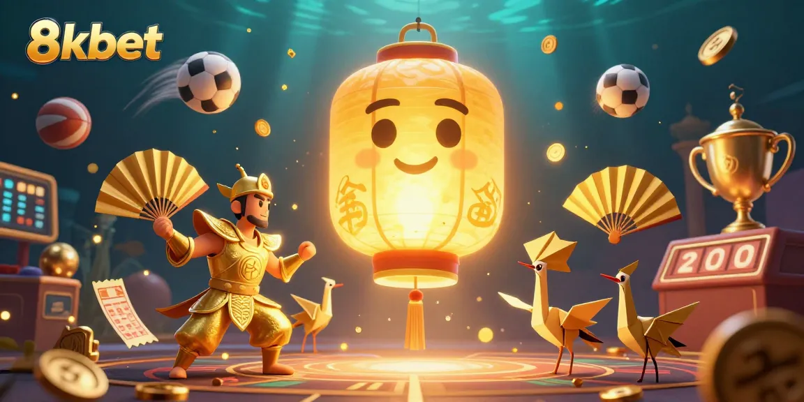 Engage with 8kbet's dynamic gaming scene featuring golden lantern spirit, sports elements and sparkling visuals.
