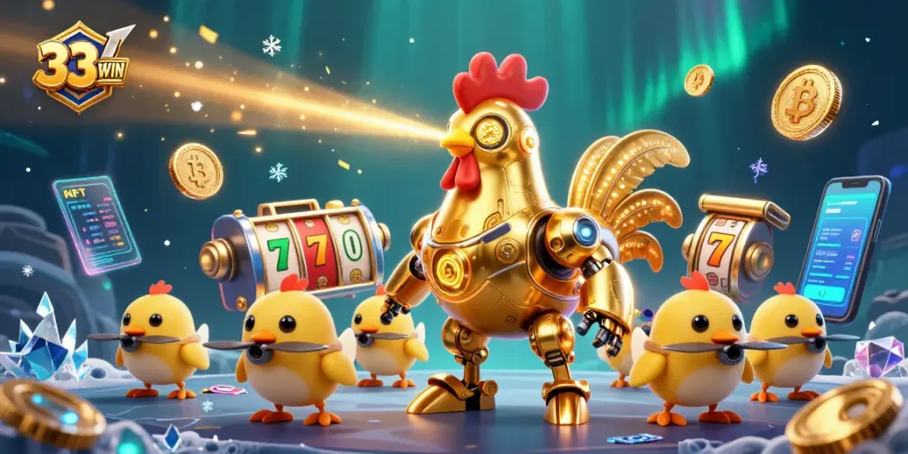 Engage with the vibrant 33WIN casino scene featuring golden robot characters and slot elements.