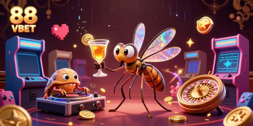Engage with 88 VBET's vibrant casino universe featuring a frozen mosquito mascot, trilobite DJ, and roulette.