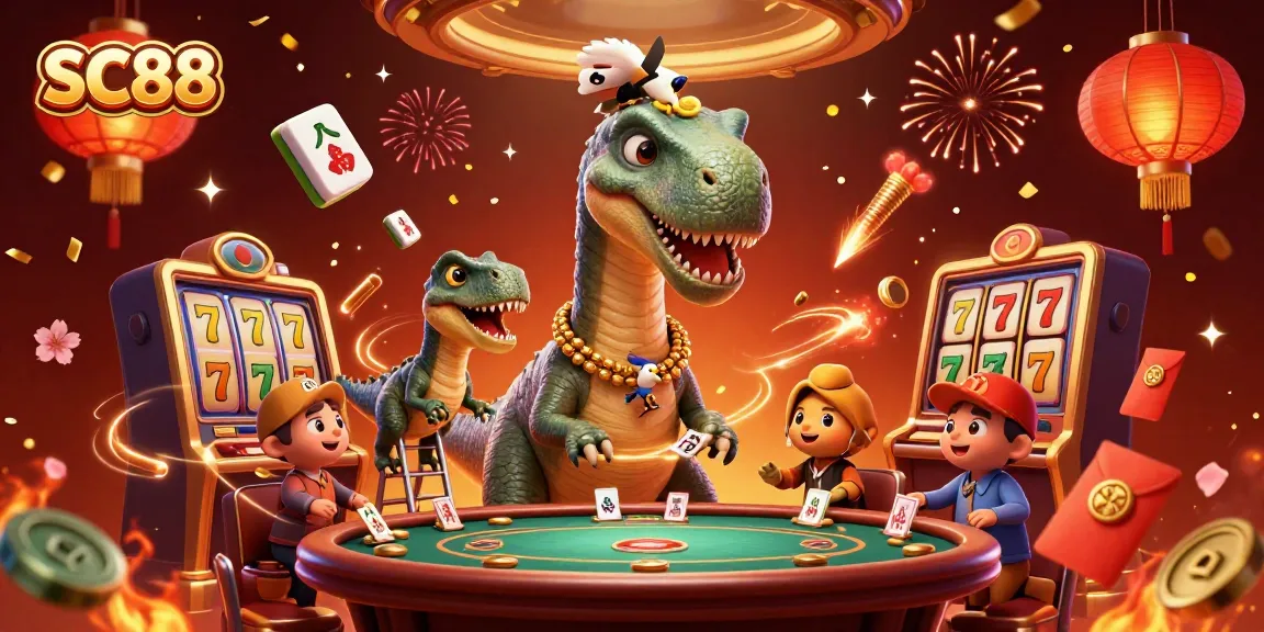 Experience thrilling gameplay with SC88’s vibrant casino scene featuring dino dealers and lucky symbols.