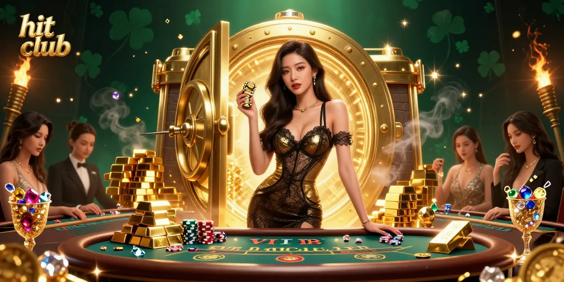Engage in thrilling gameplay at hit club with a glamorous woman amidst gold and casino elements.