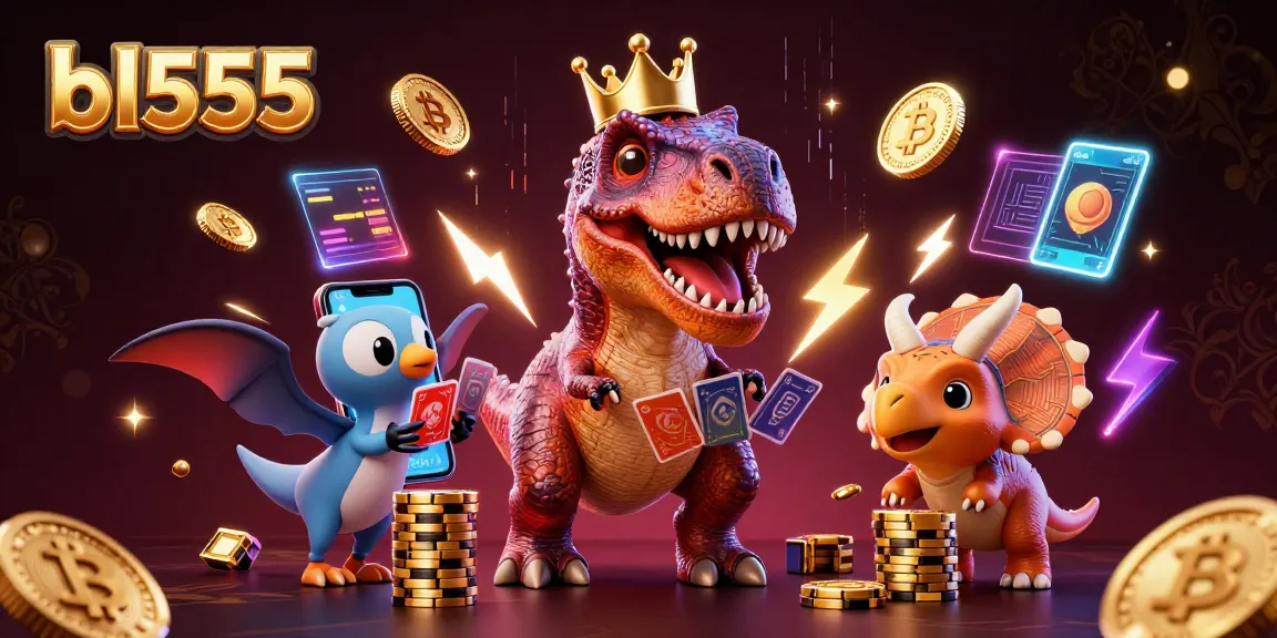 Play games at bl555, featuring a friendly T-Rex, pterodactyl, and triceratops in an exciting casino scene.
