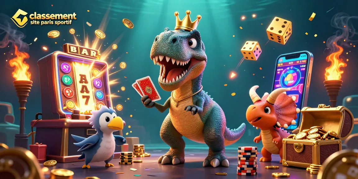Classement site paris sportif avec un T-Rex jouant aux cartes et un Tricératops empilant des jetons d'or