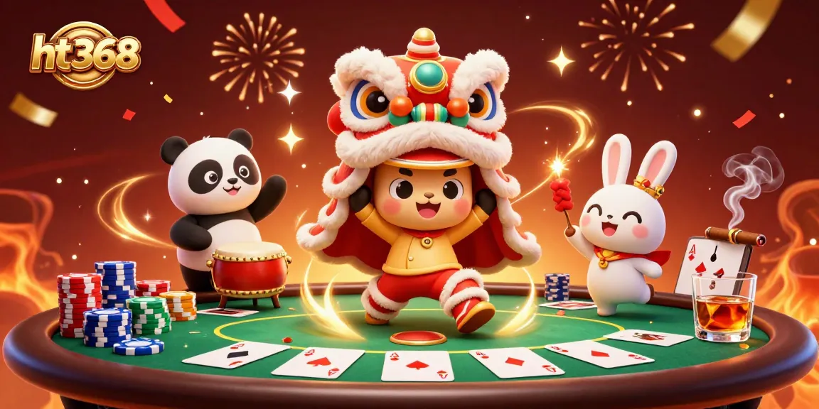 Engage in vibrant casino fun with ht368 featuring lively characters, poker elements, and festive decorations.