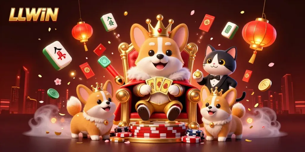 Experience LLWIN’s vibrant cartoon scene featuring a royal corgi on a poker chip throne, surrounded by festive gaming elements.