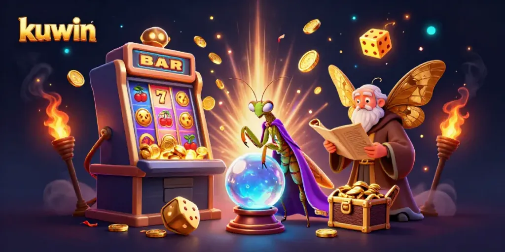 Engage with kuwin's dynamic casino scene featuring a mystical fortune teller and vibrant slot machine.