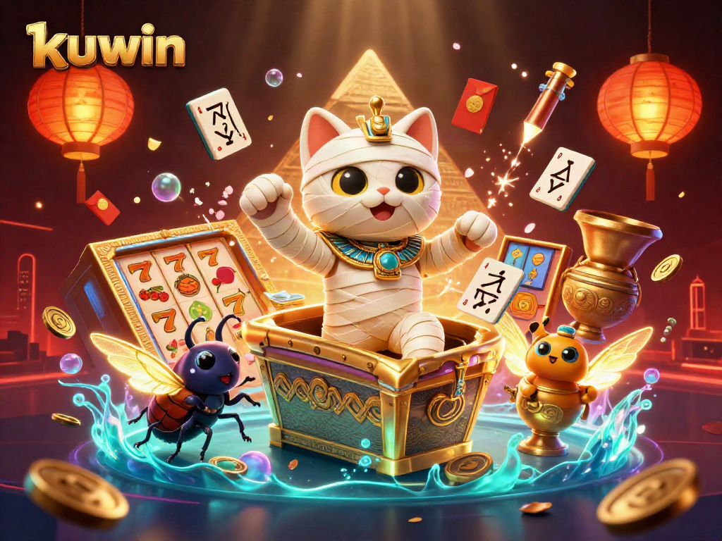 Engage in thrilling kuwin slots action with an Egyptian mummy cat and glowing scarab in an energetic casino scene.