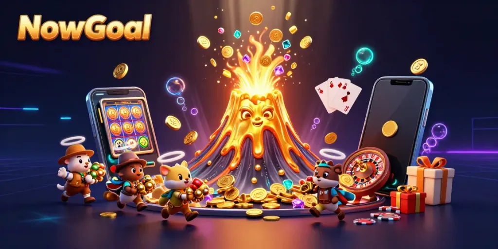 NowGoal showcases a triumphant golden volcano erupting coins with cartoon animals in a vibrant casino scene.