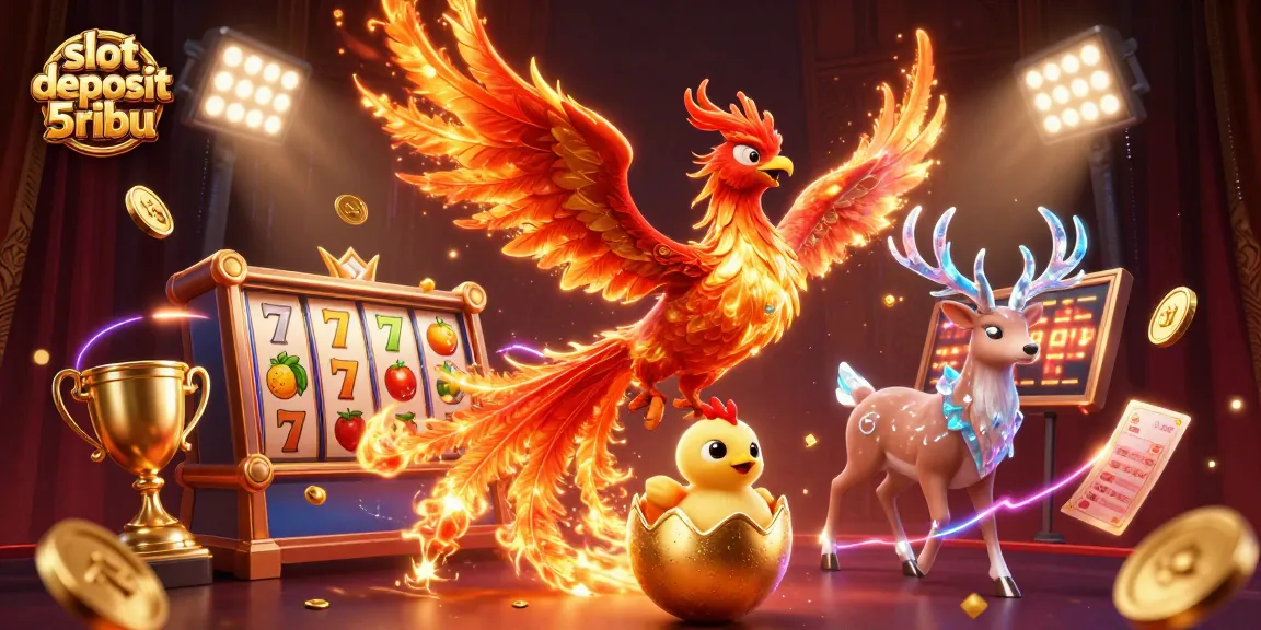 Engage with slot deposit 5ribu excitement featuring a dazzling phoenix scene amid vibrant gaming elements.