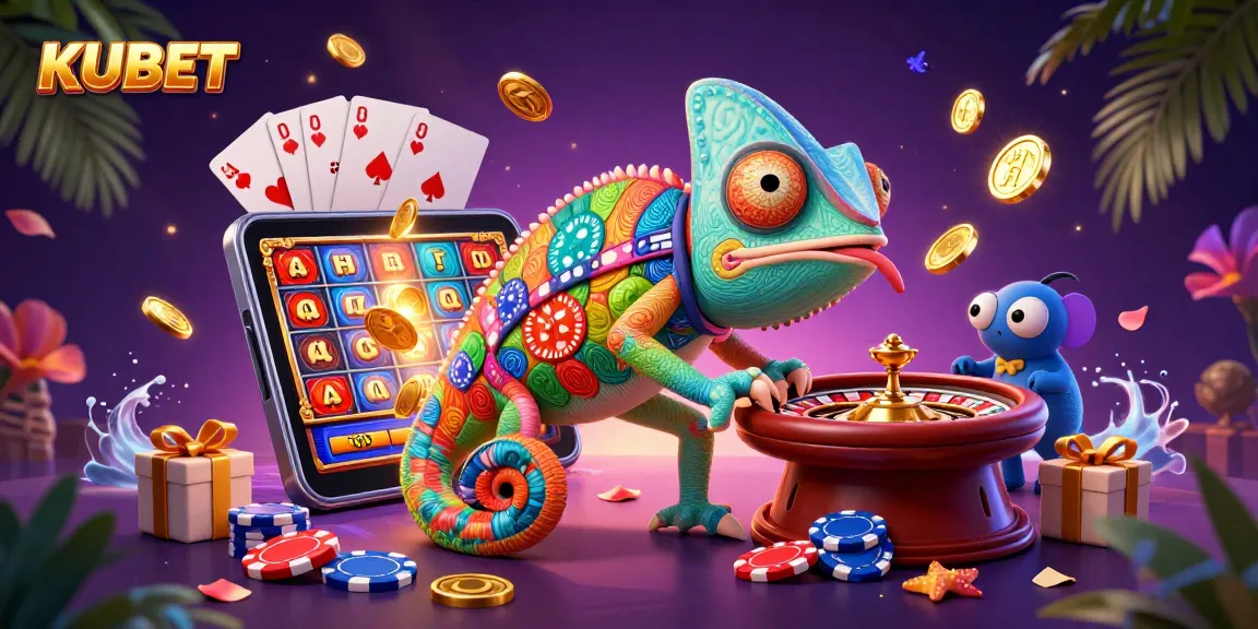 KUBET's lively casino scene where a colorful chameleon watches poker and roulette while capturing golden coins.