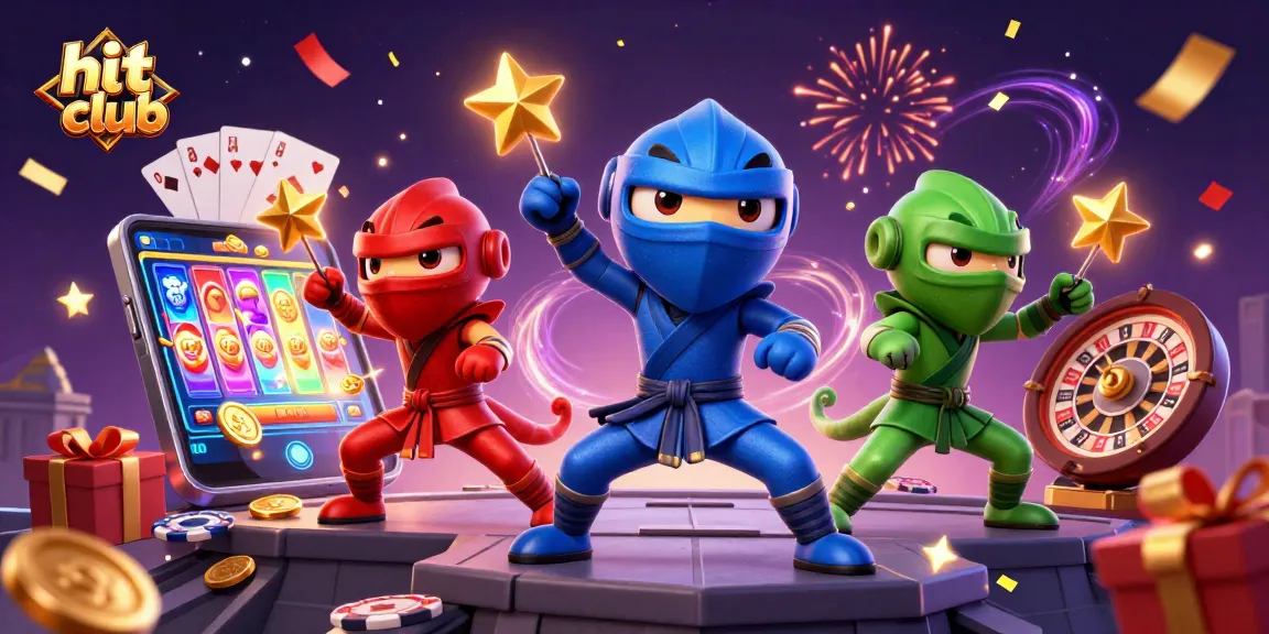 Hit club gaming experience highlighted by ninja characters in a vibrant casino environment.