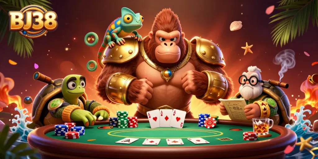 Experience the excitement with BJ38's vibrant gambling scene featuring a powerful gorilla and rich casino elements.