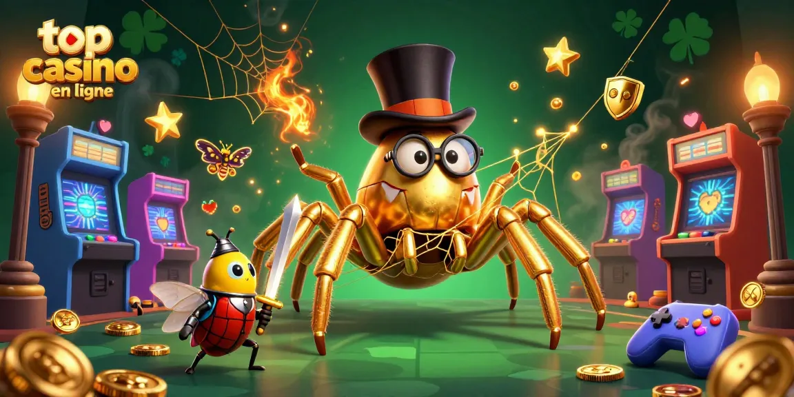 Profitez d'une illustration captivante d'un meilleur casino en ligne avec une tarentule dorée et un noble chevalier.