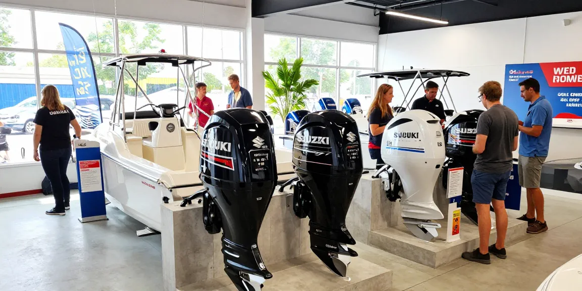 Suzuki outboard for sale in a modern marine showroom, showcasing powerful features and customer engagement.