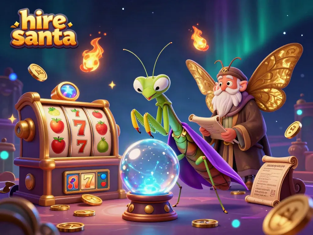 Engaging casino scene featuring unique characters with vibrant slot machine elements embodying the spirit to hire santa for festive events.
