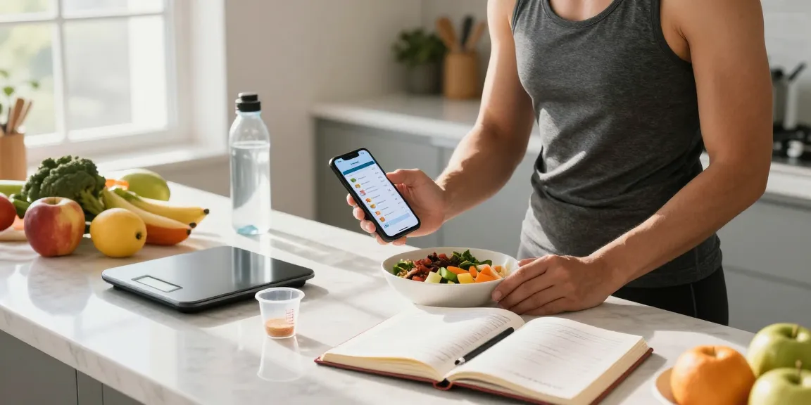 Using the best calorie tracking app to plan healthy meals in a bright kitchen.